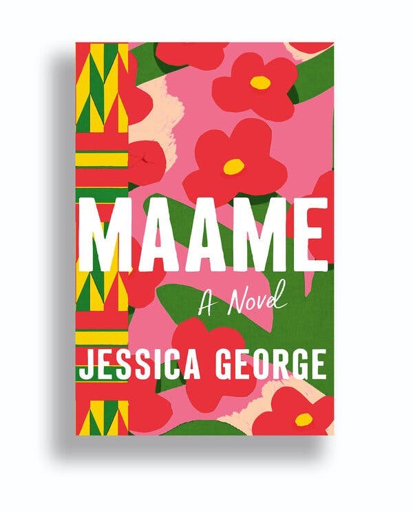 Geaca de carte pentru „Maame”, de Jessica George, este o ilustrare abstracta dezordonata de flori in nuante de rosu, roz, galben si verde.